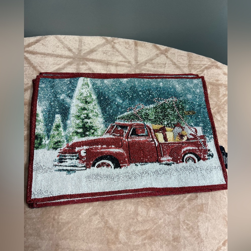 Winter placemats red truck with Christmas trees set of 6